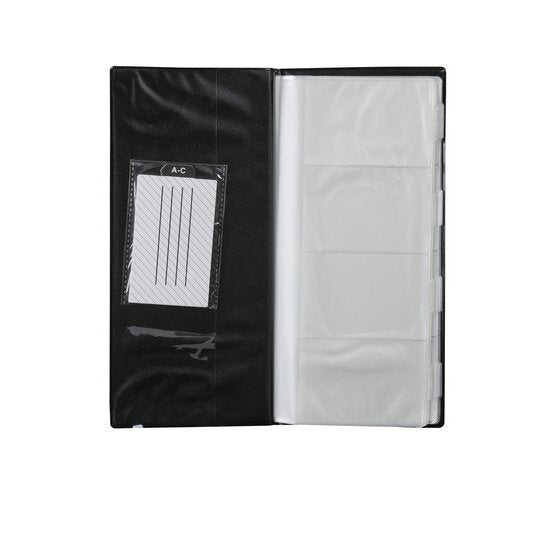 Inside cover of the Marbig indexed business card holder with an A-C lettered index card in the first clear pocket and empty pockets opposite