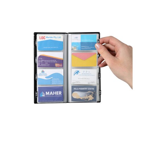 Hand lifting a business card from a clear pocket in an open Marbig indexed card holder filled with colourful business cards