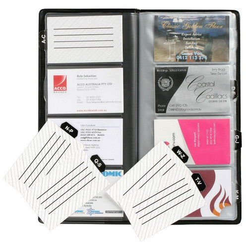 Marbig 87030 business card holder open with cards in clear pockets and white lined index cards with black A to Z letter tabs laid in front