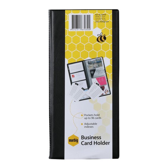 Marbig business card holder in its yellow retail sleeve printed Pockets hold up to 96 cards and Adjustable indexes, Ref. No. 87030