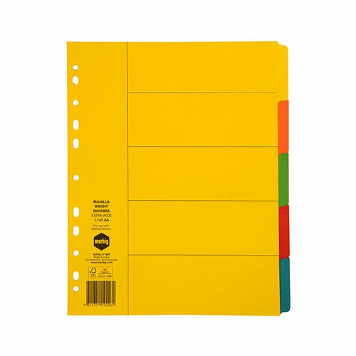 Marbig 37180F indices and dividers 5 tab manilla A4 extra wide brights - coloured tabs for lever arch files