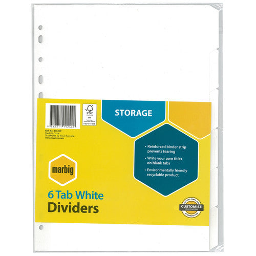 Marbig 37620F indices and dividers 6 tab manilla A4 white - for binders and lever arch files