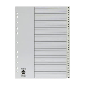 Marbig 35041 white polypropylene index divider set with tabs numbered 1 to 31 down the right edge and a ruled contents page
