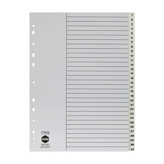 Marbig 35041 white polypropylene index divider set with tabs numbered 1 to 31 down the right edge and a ruled contents page
