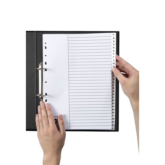 Hand turning to a numbered tab in a Marbig 1 to 31 white divider set inside a black A4 ring binder