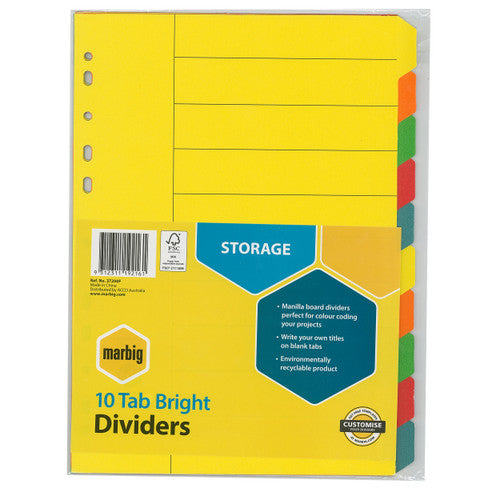 Marbig 37200F indices and dividers 10 tab manilla A4 brights - 10 bright colour coded tabs for binder organisation