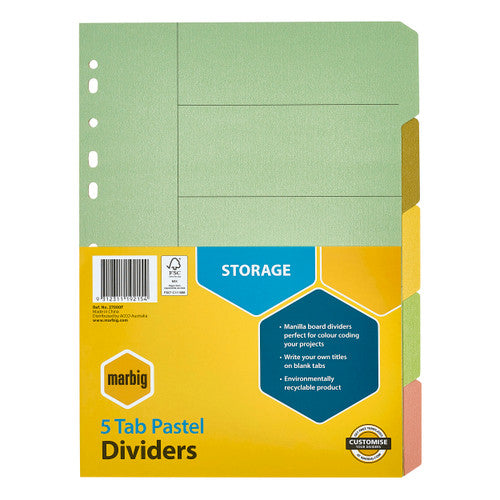 Marbig 37000F indices and dividers 5 tab manilla A4 pastel - set of 5 soft pastel colour tabs for binders