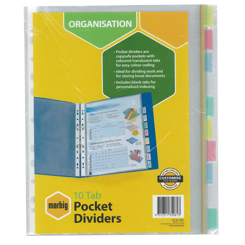 Marbig Indices and Dividers 10 Tab PP A4 Clear Pockets Multi Colour