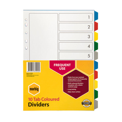 Marbig 10-tab multi-colour polypropylene A4 dividers fanned out showing assorted coloured tabs