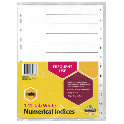 Marbig Indices and Dividers 1-12 Tab Polypropylene A4 White - image 1