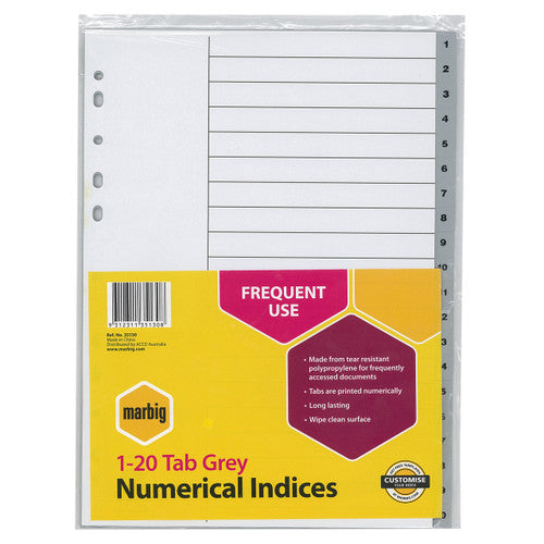 Marbig A4 grey polypropylene dividers with 1 to 20 numbered tabs, front view on white background