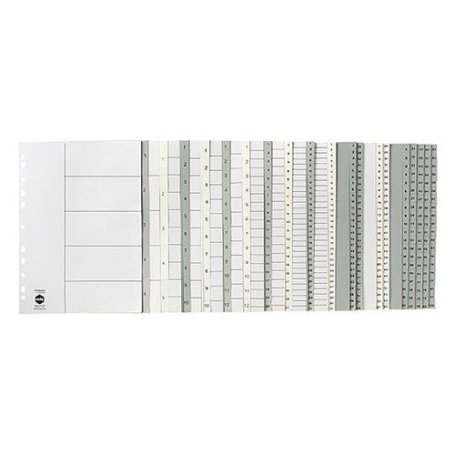 Close-up of numbered tabs on Marbig grey PP A4 index dividers showing clear section markings