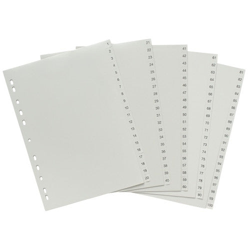 Marbig 1-20 tab grey dividers shown fanned out to display all sections and table of contents sheet