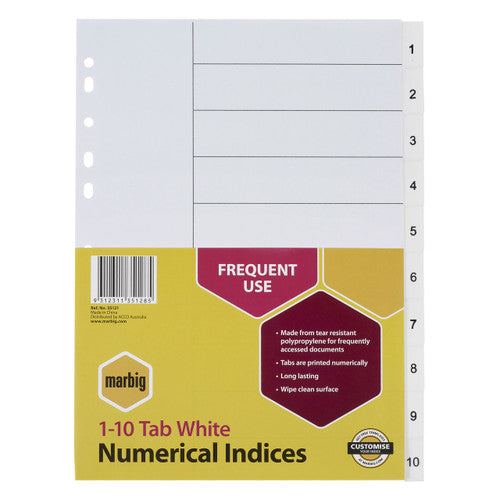 Marbig Indices and Dividers 1-10 Tab PP A4 White