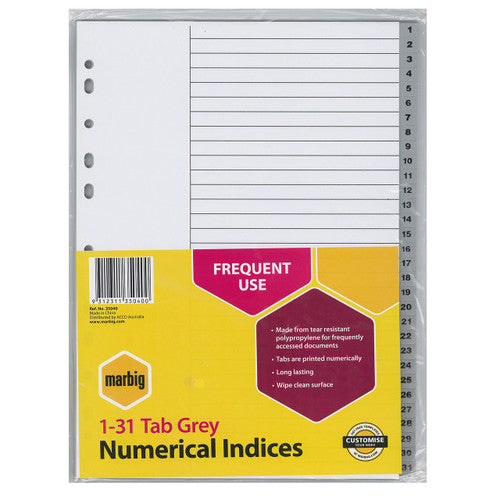 Marbig Indices and Dividers 1-31 Tab PP A4 Grey