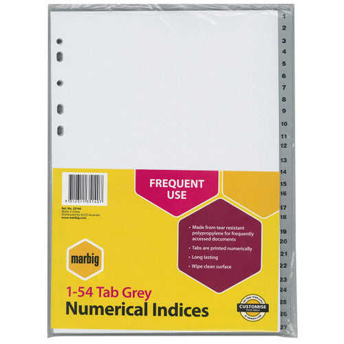 Marbig Indices and Dividers 1-54 Tab PP A4 Grey