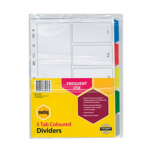 Marbig 5 Tab PP A4 Dividers fanned out showing five assorted colour tabs against a white background