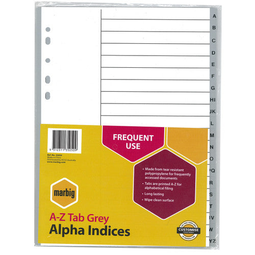 Marbig Indices and Dividers A-Z Tab PP A4 Grey