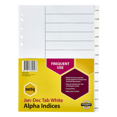 Marbig A4 white polypropylene dividers with January to December printed tabs, front view on white background