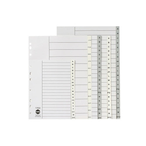 Close-up of Marbig Jan-Dec tab dividers showing monthly tab labels and wipe-clean white surface