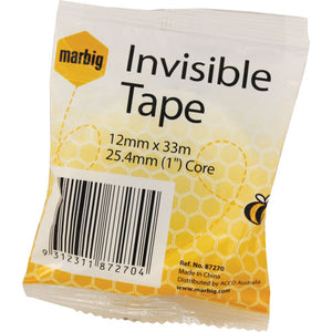 Marbig Invisible Tape bag in yellow honeycomb print, labelled 12mm x 33m with a 25.4mm core and Ref No 87270