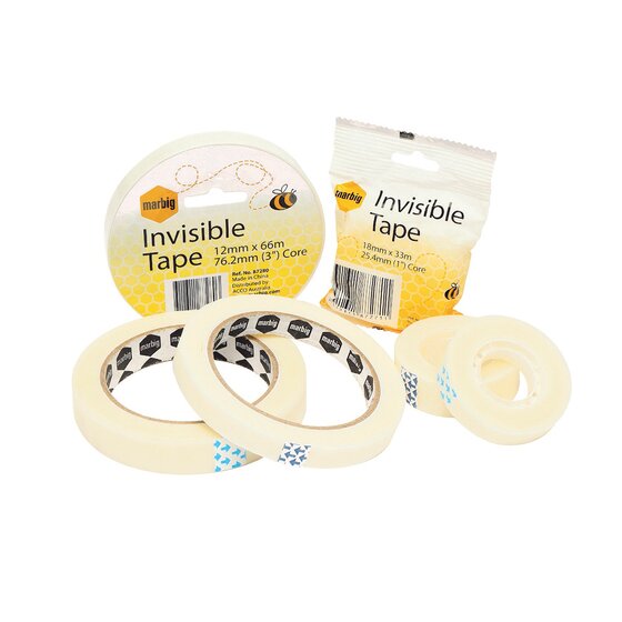 Frosted white roll of Marbig matt invisible tape on a small white core, seen at an angle