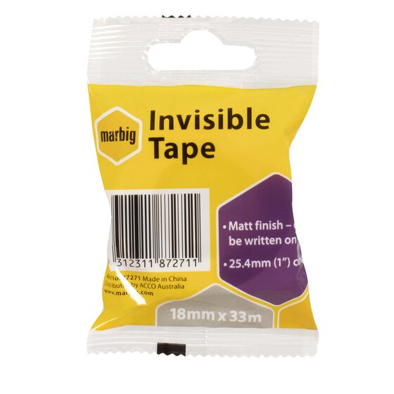 Marbig Invisible Tape 18mm x 33m in a yellow hang-sell bag printed matt finish, can be written on, and 25.4mm core