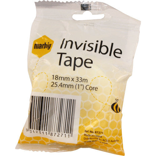 Earlier Marbig Invisible Tape bag in yellow honeycomb print labelled 18mm x 33m with a 25.4mm core and Ref No 87271