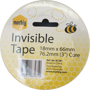 Round Marbig Invisible Tape label in yellow honeycomb print on an 18mm roll, with a 76.2mm core, Ref No 87281 and a barcode
