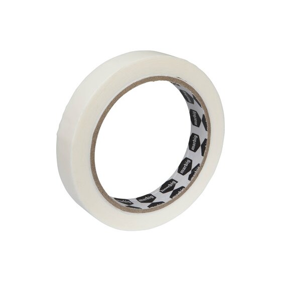 Frosted Marbig 18mm invisible tape roll on a large brown core with black Marbig logos around the inside