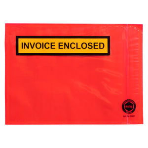 Red Marbig Professional A6 packaging envelope with Invoice Enclosed printed in black on a yellow panel across the top