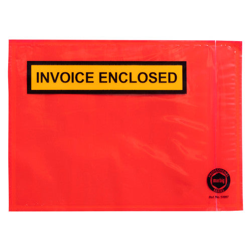 Red Marbig Professional A6 packaging envelope with Invoice Enclosed printed in black on a yellow panel across the top