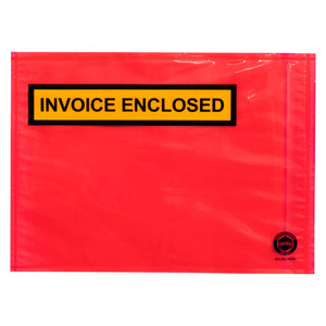 Red Marbig Professional 230 x 165mm packaging envelope with Invoice Enclosed printed in black on a yellow panel at top left