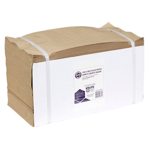 Marbig Professional fan folded kraft paper, 500m x 38cm x 50gsm, stacked on a white base and secured with two white straps, label on the front