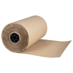 Marbig brown kraft paper roll lying on its side with a length of paper unrolled forward from the dark core