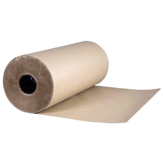 Marbig 600mm brown kraft paper roll on its side with a long sheet of paper pulled out flat in front of it