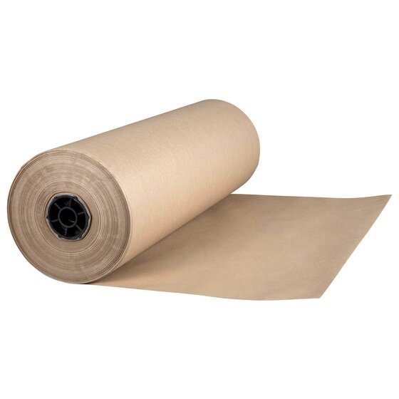 Marbig kraft paper roll lying on its side with a wide length of brown paper rolled out in front