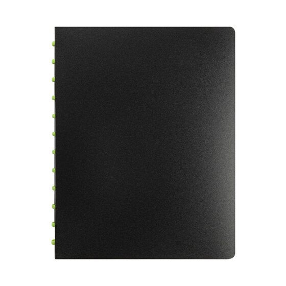 Marbig 2020002 Kwik Zip refillable A4 display book, closed black cover with lime green discs along the spine edge