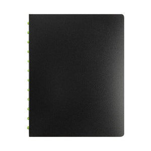 Marbig 2020002 Kwik Zip refillable A4 display book, closed black cover with lime green discs along the spine edge