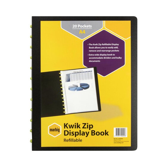 Marbig Kwik Zip display book with its yellow pack card: 20 Pockets A4, Kwik Zip Display Book Refillable