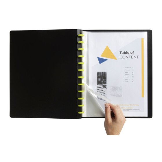 Hand turning a clear pocket in an open black Marbig Kwik Zip display book to a table of contents page