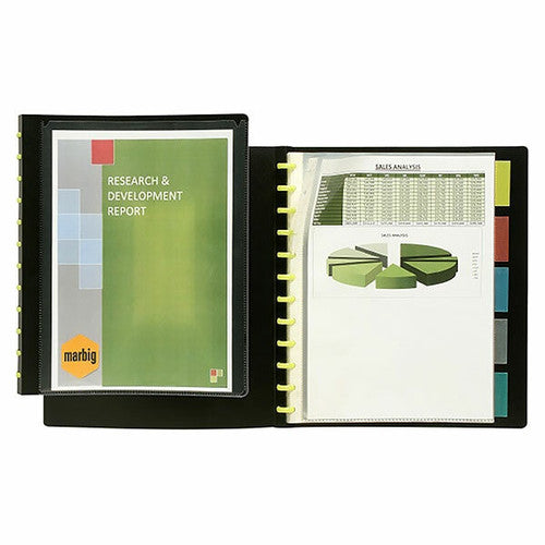 Marbig 2020102 black Kwik Zip A4 display book with a report cover in the clear insert front, shown open to a pocket with five coloured divider tabs