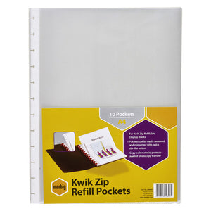 Marbig 206000 clear A4 Kwik Zip refill pocket with the yellow Kwik Zip Refill Pockets pack card, 10 Pockets A4