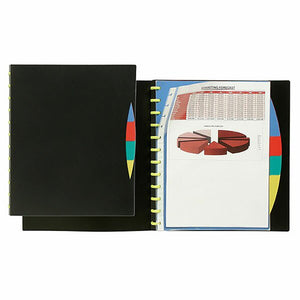 Marbig 2020202 Kwik Zip display book lying open in black with lime green zip clips down the spine, four coloured polypropylene dividers in blue, red, green and yellow, and a printed marketing forecast page in a clear A4 pocket