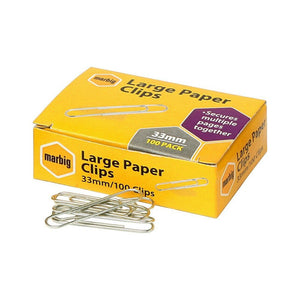 Marbig large paper clips yellow box printed 33mm 100 clips, with a pile of silver paper clips lying in front of the box