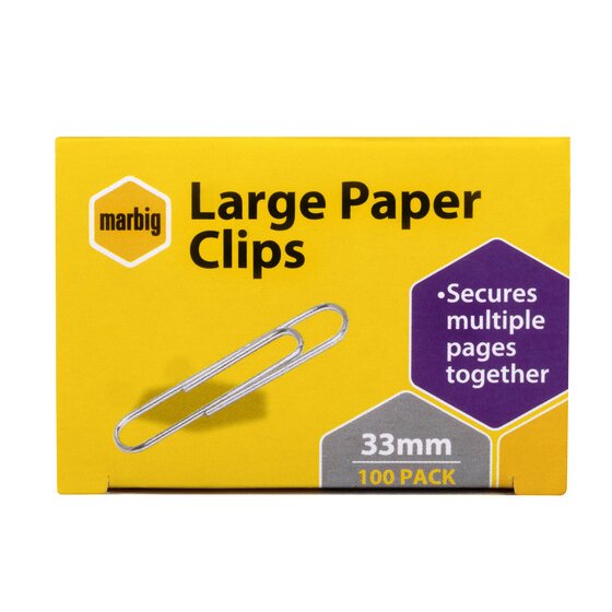 Front of the yellow Marbig Large Paper Clips box showing a silver clip, secures multiple pages together and 33mm 100 pack