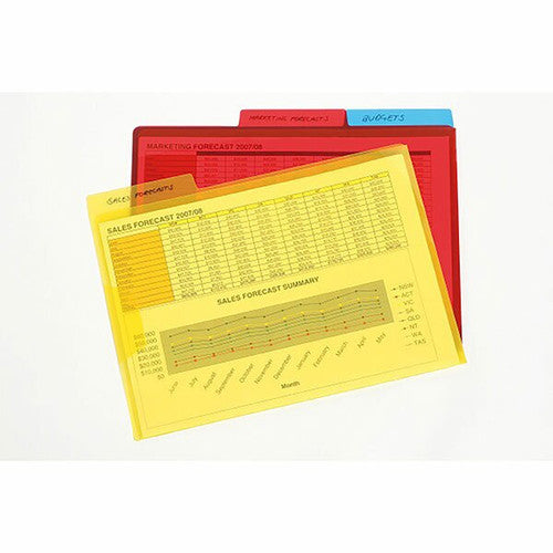 Translucent yellow and red Marbig A4 letter files with handwritten top tabs and a blue Budgets tab behind, spreadsheets visible inside
