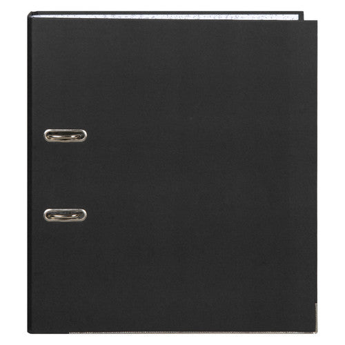 Front cover of the Marbig black A4 lever arch file with two metal rimmed slots and a metal strip on the lower edge