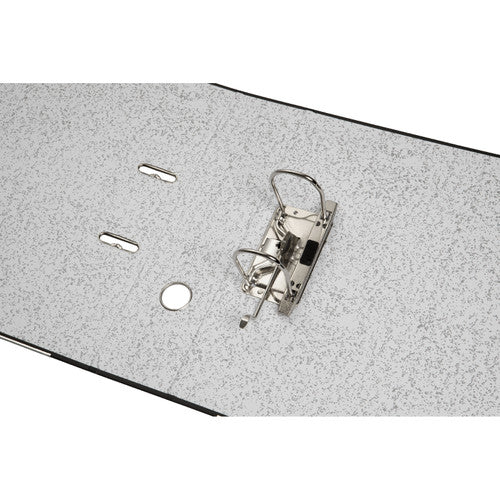 Marbig black lever arch file opened flat, showing grey mottle inside and the lever mechanism with two metal arches