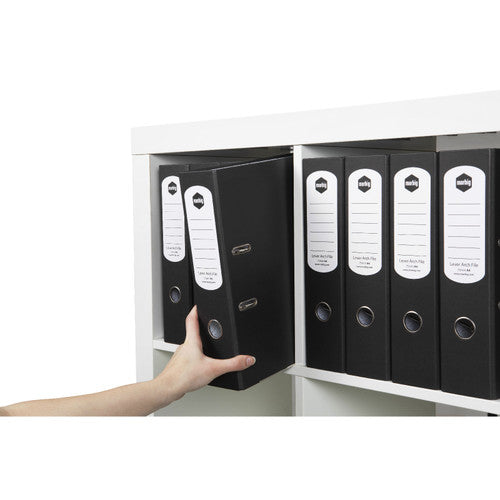Hand taking a Marbig black A4 lever arch file from a shelf of matching files with Lever Arch File 75mm A4 spine labels